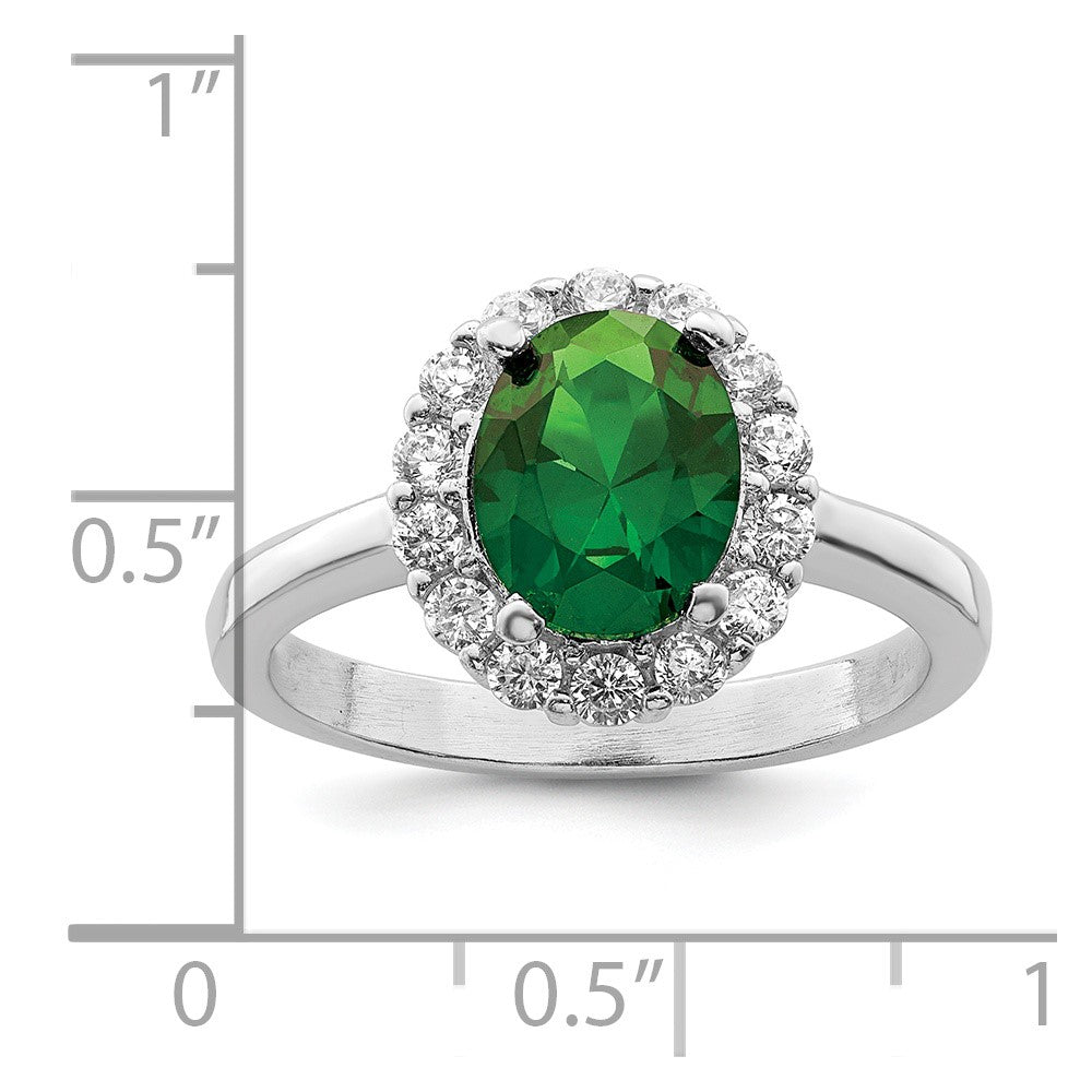 Sterling Silver Polished Rhodium-plated Green and Clear CZ Ring