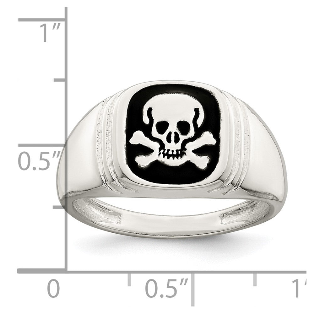 Sterling Silver Black Enameled Mens Skull and Crossbones Ring