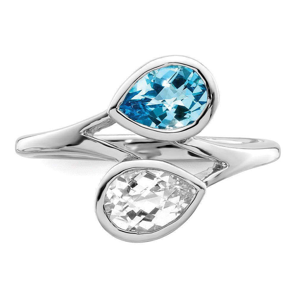Sterling Silver Rhodium-plated Polished Blue & White Topaz ByPass Ring