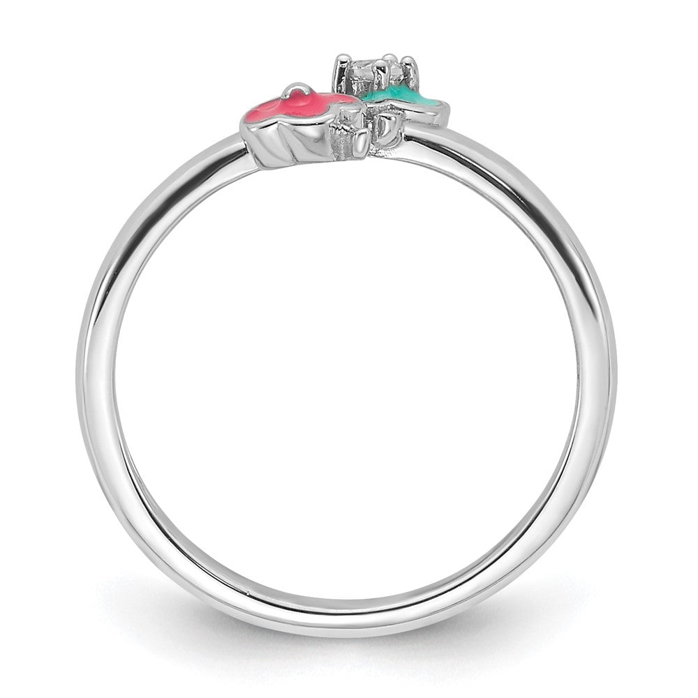 Sterling Silver RH-plated Blue/Pink Enameled & CZ Floral Ring