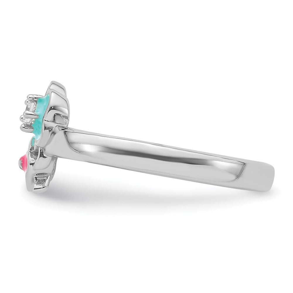 Sterling Silver RH-plated Blue/Pink Enameled & CZ Floral Ring