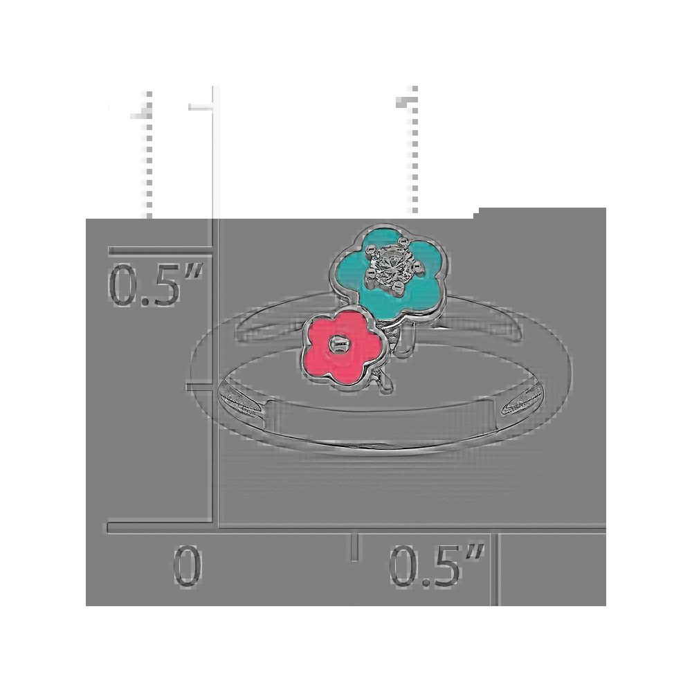 Sterling Silver RH-plated Blue/Pink Enameled & CZ Floral Ring