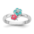 Sterling Silver RH-plated Blue/Pink Enameled & CZ Floral Ring