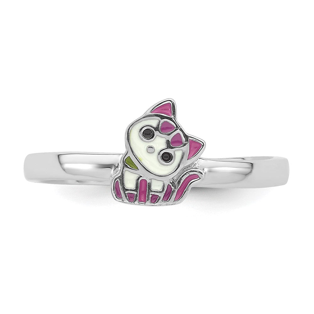 Sterling Silver Rhodium-plated Multi-color Enameled Kitty Ring