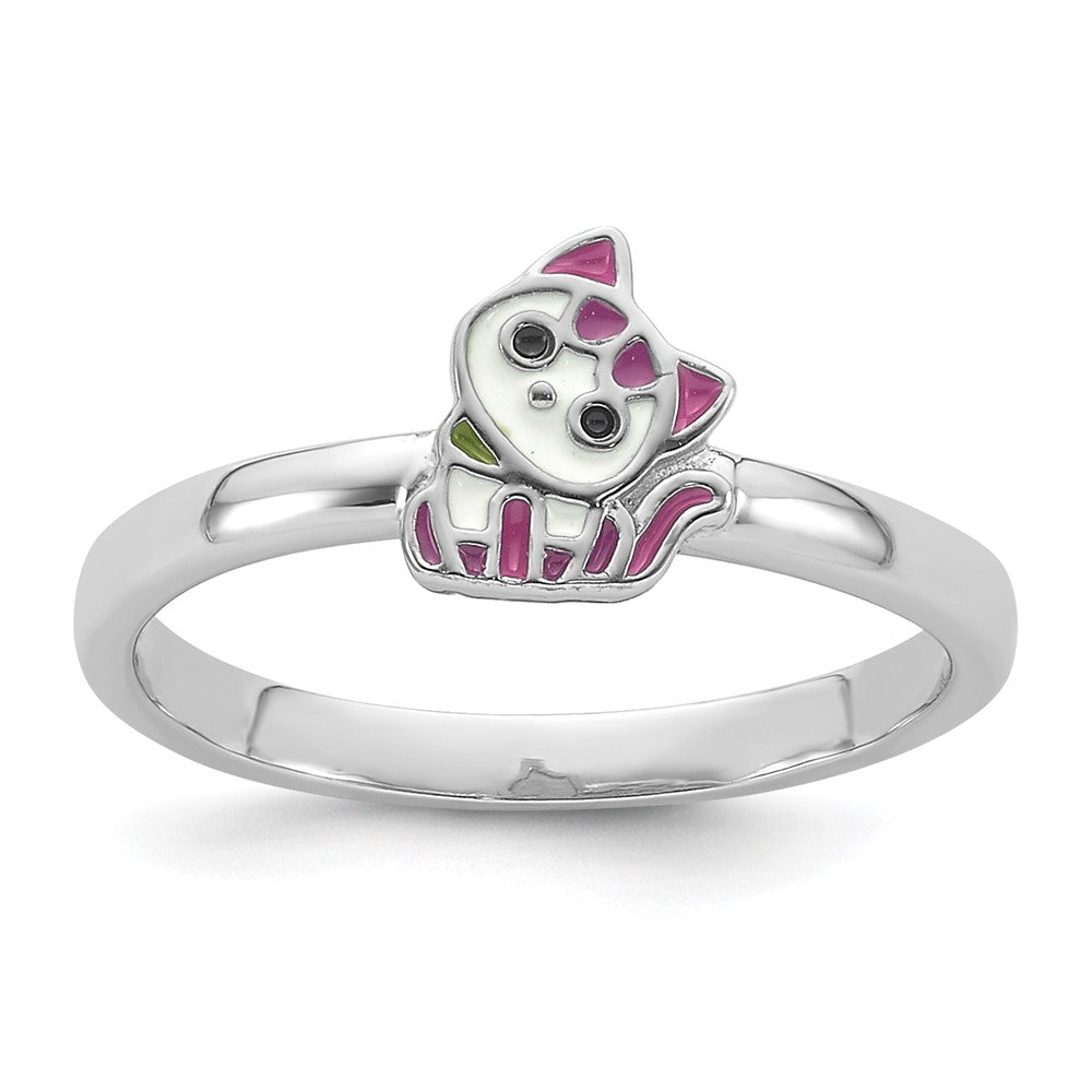 Sterling Silver Rhodium-plated Multi-color Enameled Kitty Ring