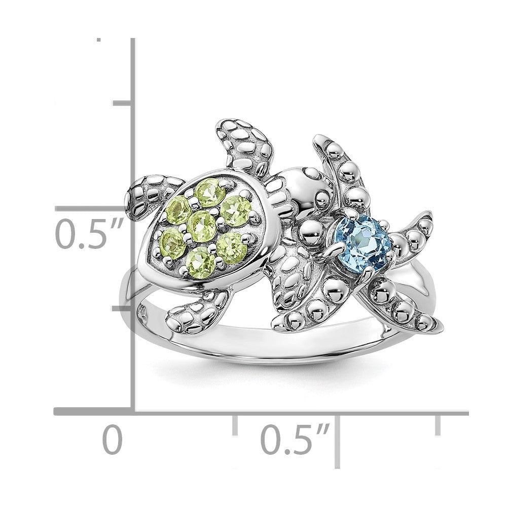 Sterling Silver Rh-plated Peridot / Lt Swiss Blue Topaz Turtle and Starfish