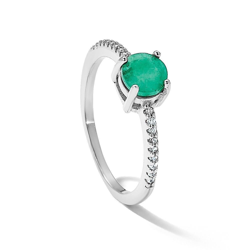 Sterling Silver Rh-plated-plated 1.0EM Emerald and .12WT White Topaz Ring