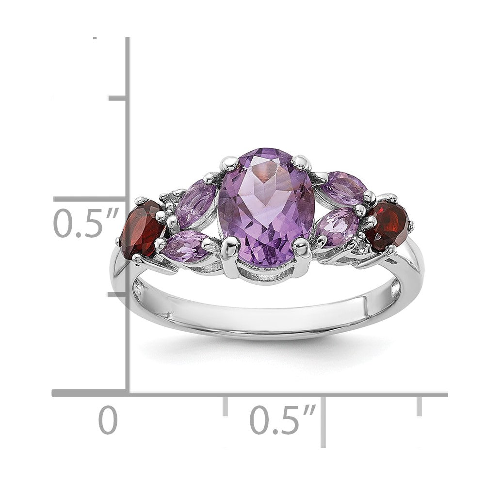 Sterling Silver Rh-plated Amethyst Pk Quartz Garnet and White Topaz Ring