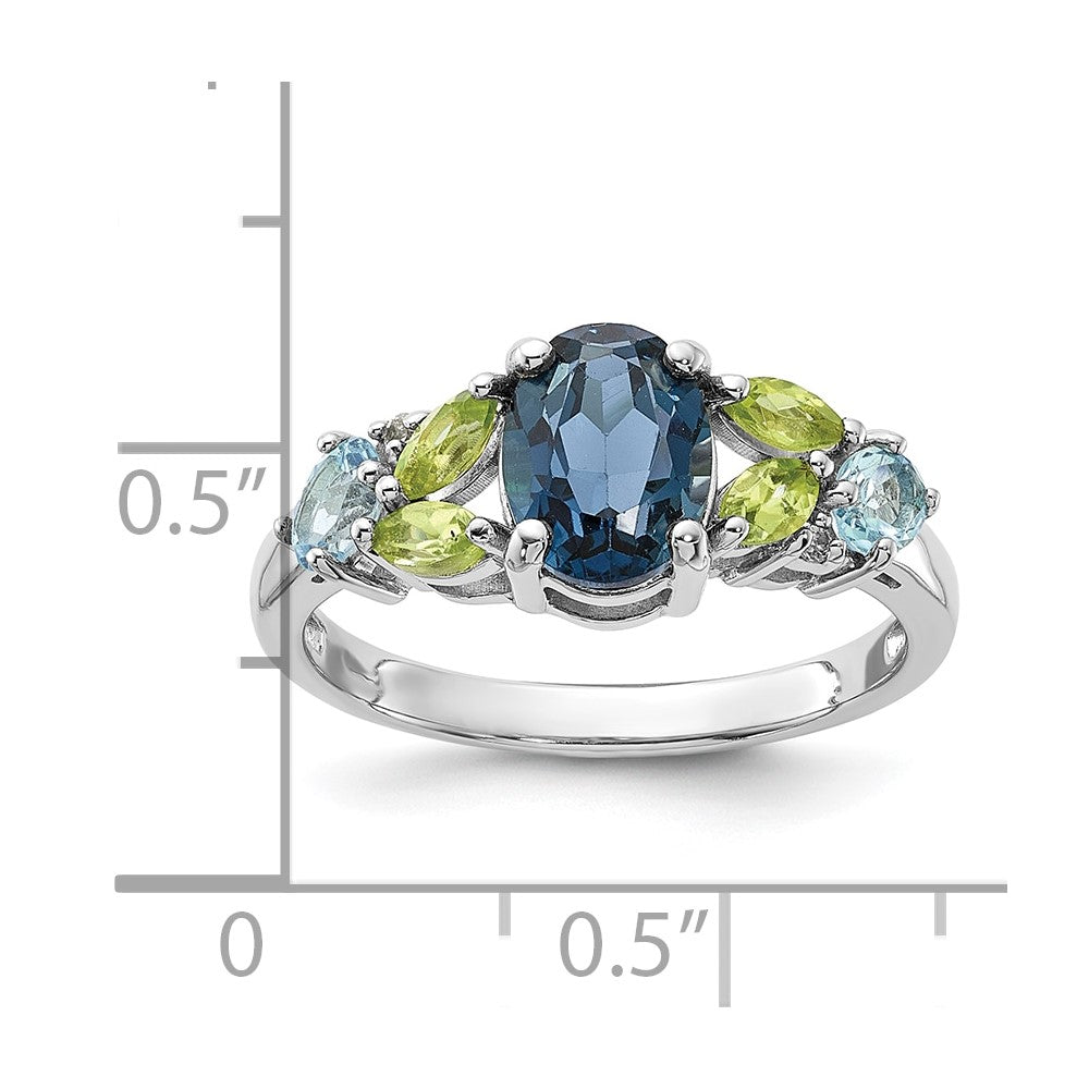 SS Rhodium London Lt.Swiss Blue/White Topaz and Peridot Ring