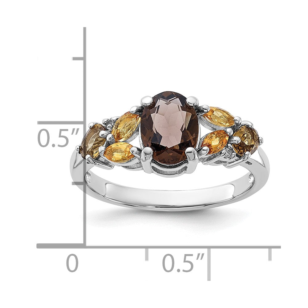 SS Rhodium Smoky and Whiskey Quartz Citrine White Topaz Ring