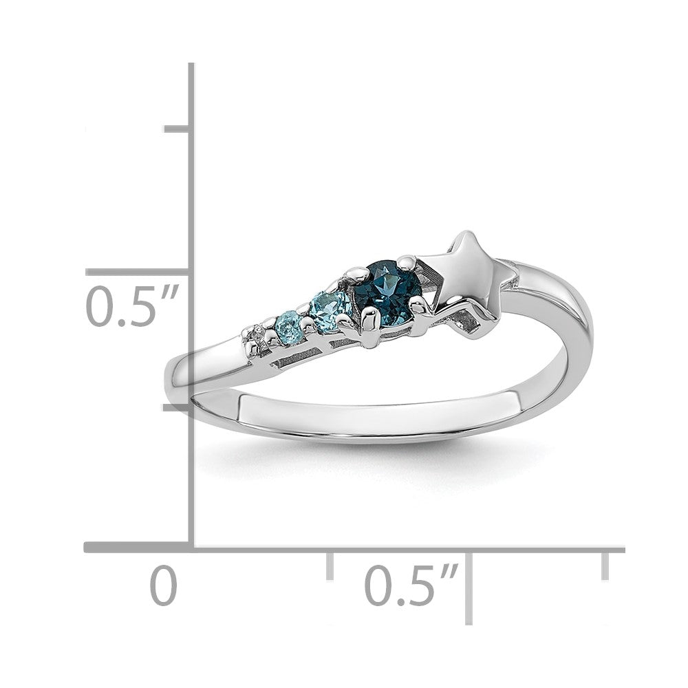 SS Rhodium London and Lt Swiss Blue Topaz and CZ Star Curve Ring
