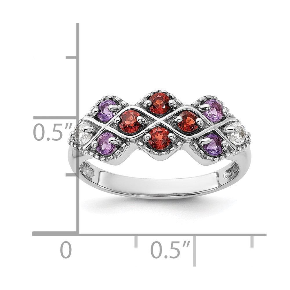 Sterling Silver Rhodium-plated Garnet Amethyst and White Topaz Ring