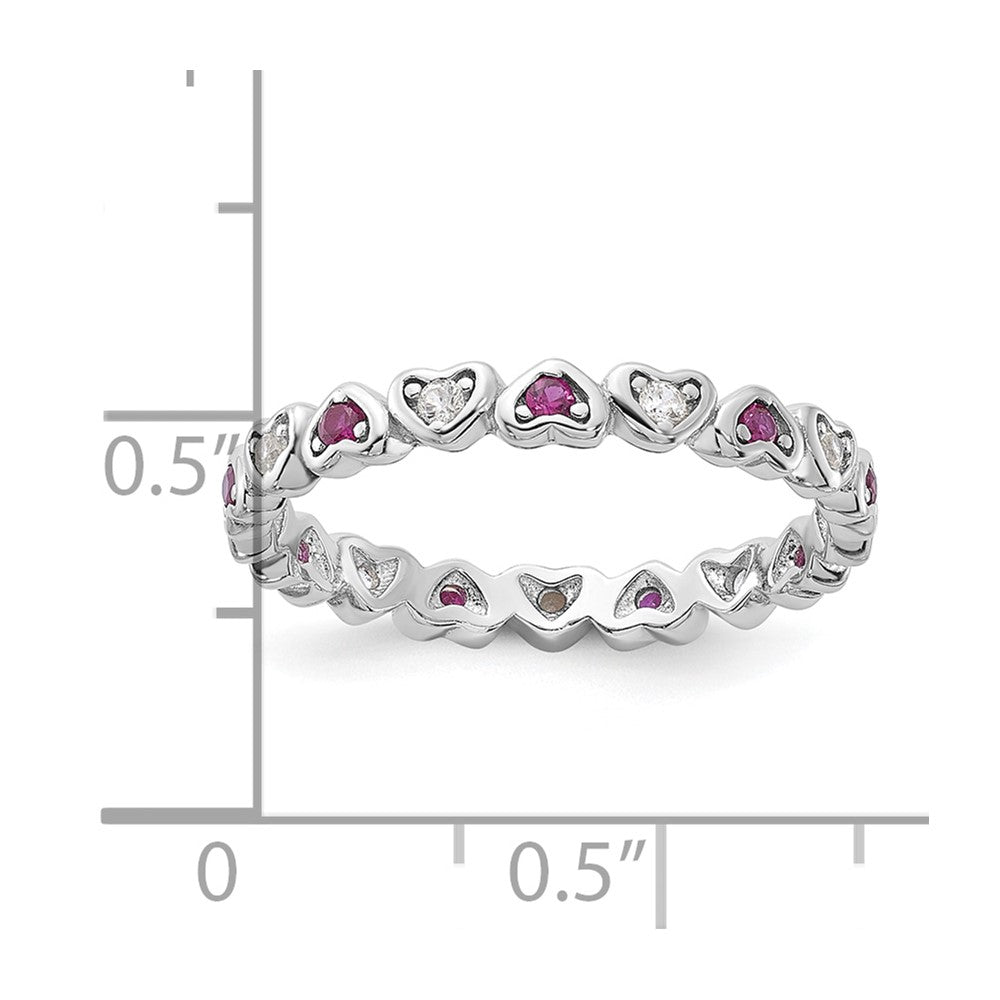 SS Rhodium-plated .14Lab Cr. Ruby and .27Cr. Wh Sapphire Heart Ring