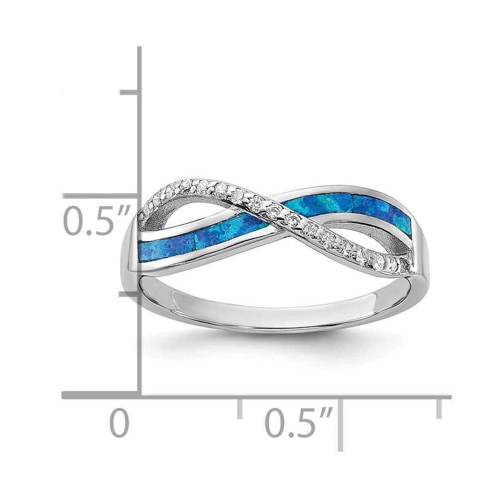 Sterling Silver RH-plated CZ and Blue Cr. Opal Inlay Infinity Symbol Ring