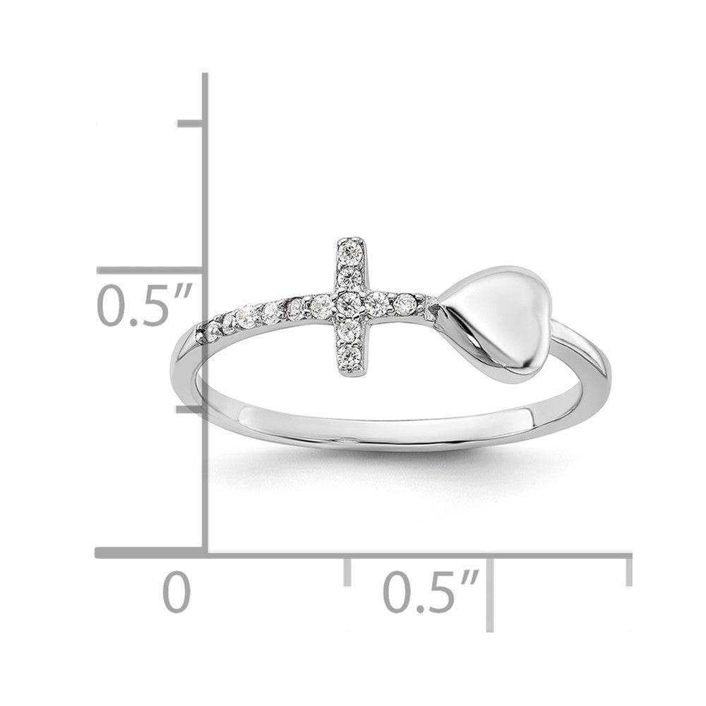 Sterling Silver Rhodium-plated Heart and CZ Cross Ring