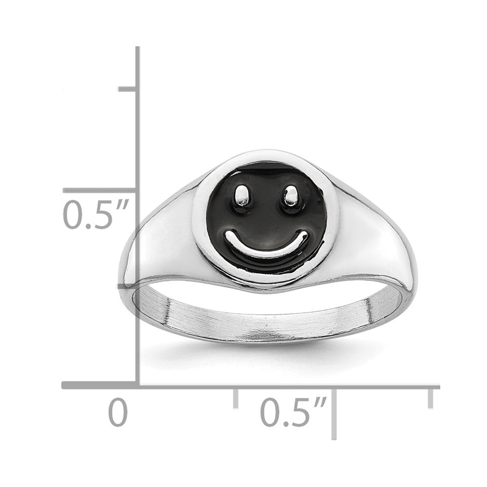Sterling Silver Rhodium-plated Black Enamel Smiley Face Ring