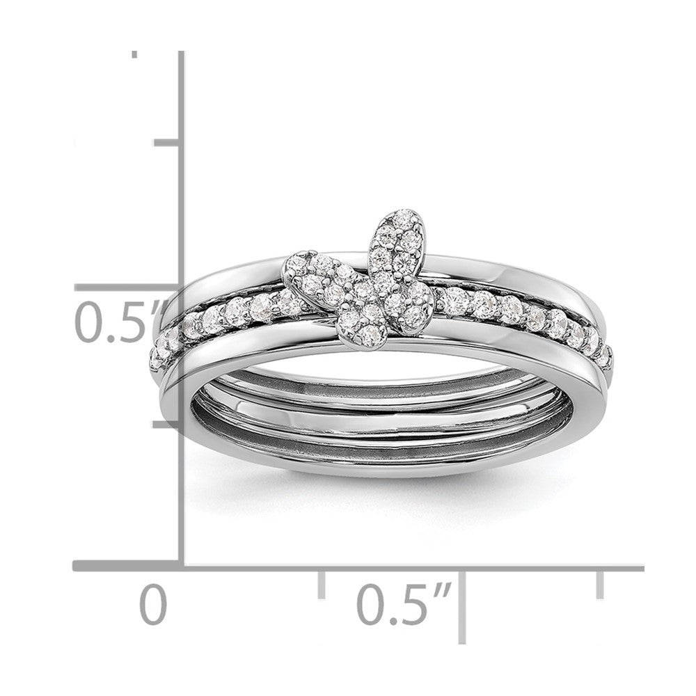 Sterling Silver RH-plated CZ Butterfly Ring with Two Plain Bands 3 Ring Set