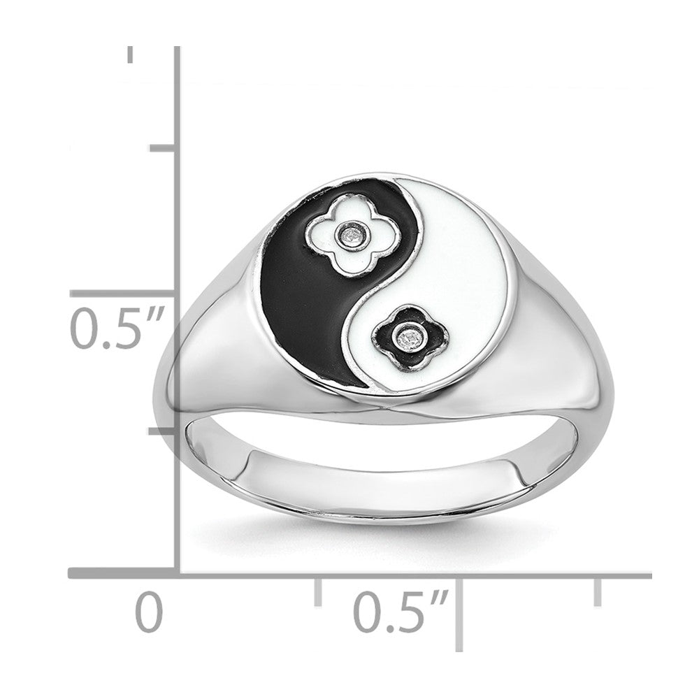Sterling Silver Rhodium-plated Enameled Yin Yang CZ Ring