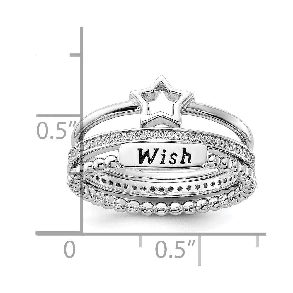 Sterling Silver Rhodium-plated Black Ink CZ Star WISH 3 Ring Set