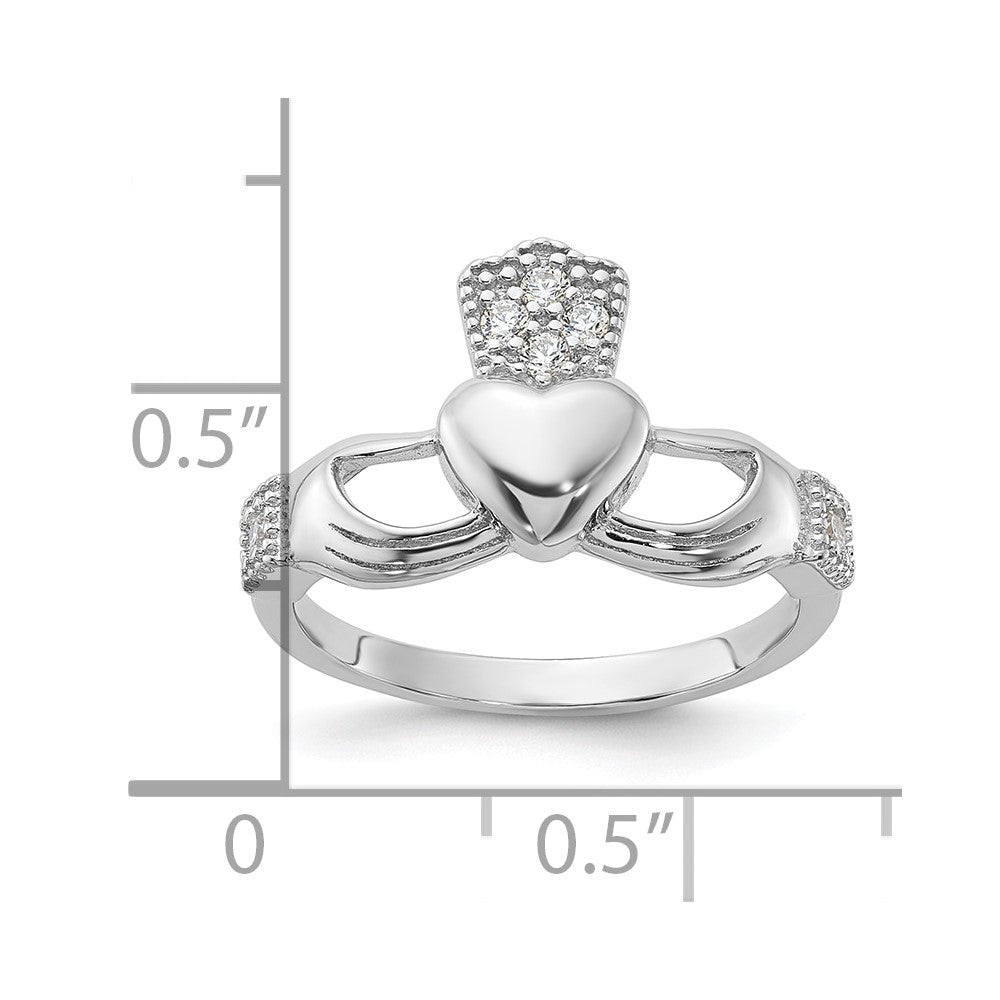 Sterling Silver Rhodium-plated CZ Claddagh Ring