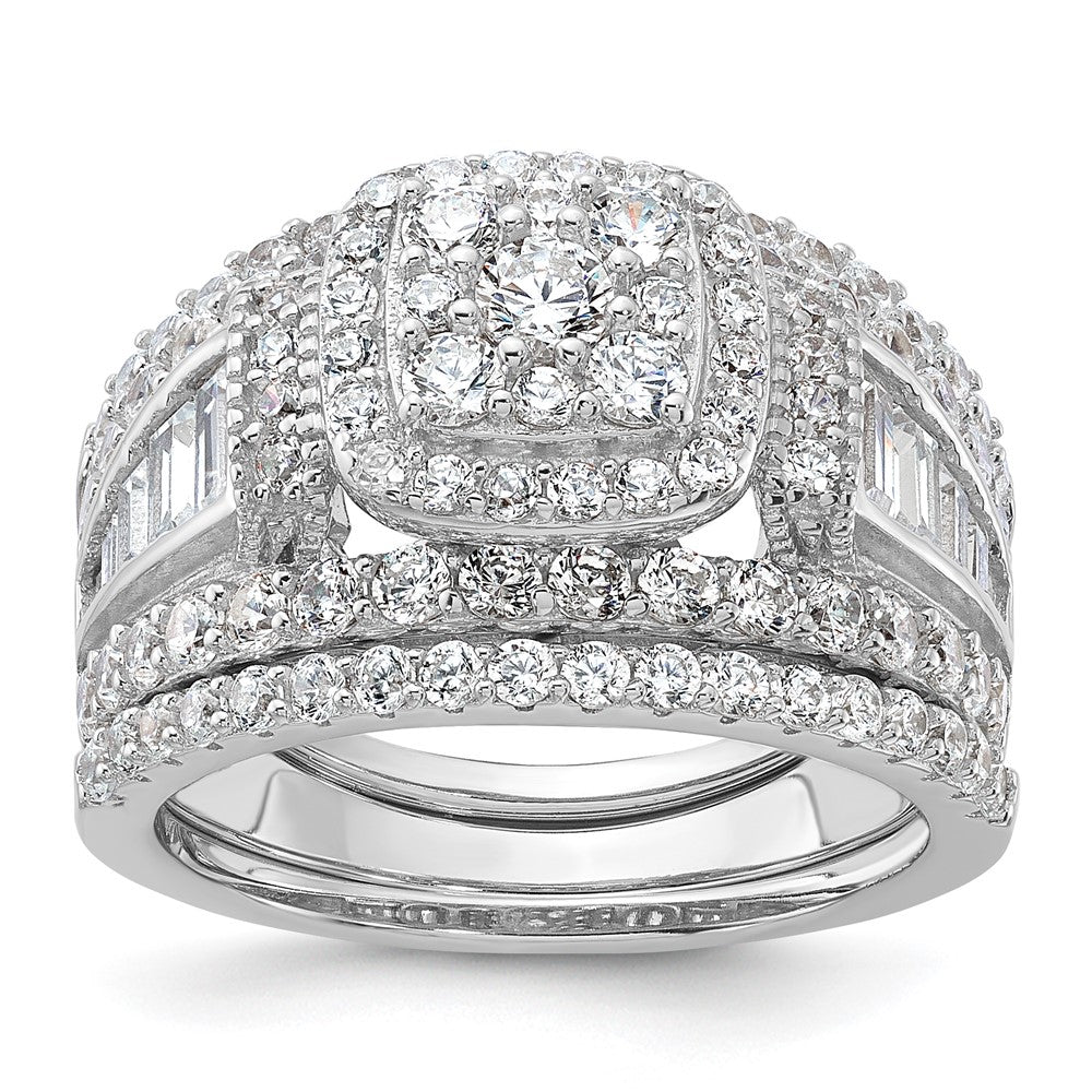 Sterling Silver Rhodium-plated CZ Engagement Ring w/2 Bands 3 Ring Set