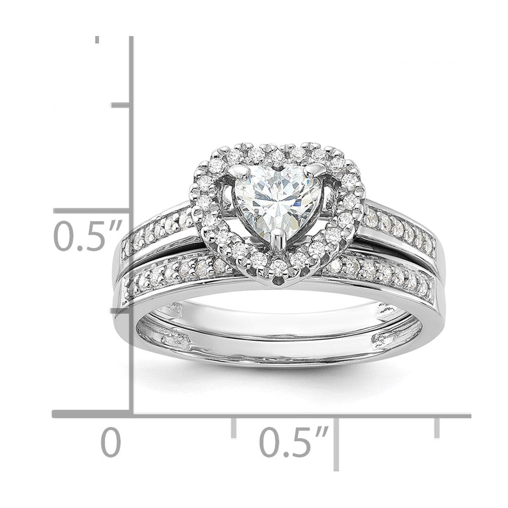 Sterling Silver Rhodium-plated CZ Heart and Band 2 Ring Set
