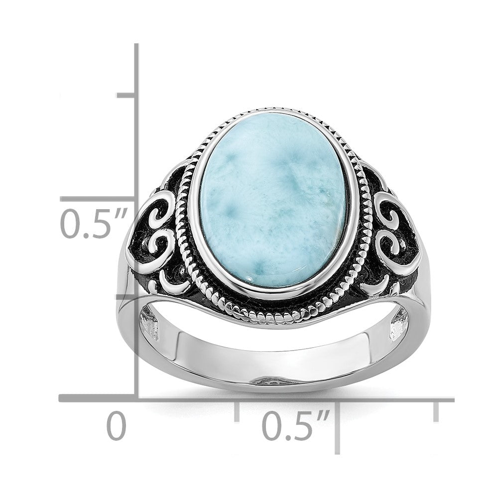 Sterling Silver Rhodium-plated Oxidized with Larimar Ring