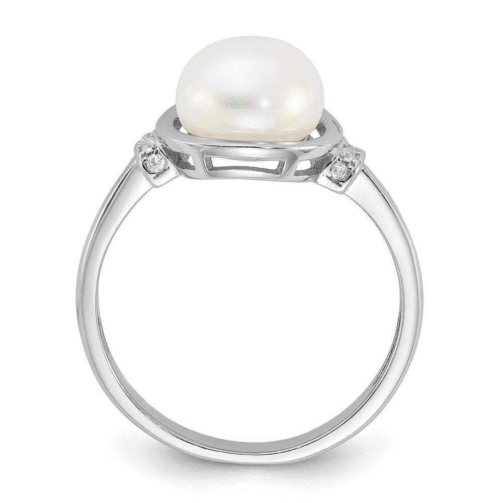 Sterling Silver Rhodium-plated 8-9mm White FWC Pearl and CZ Circle Ring