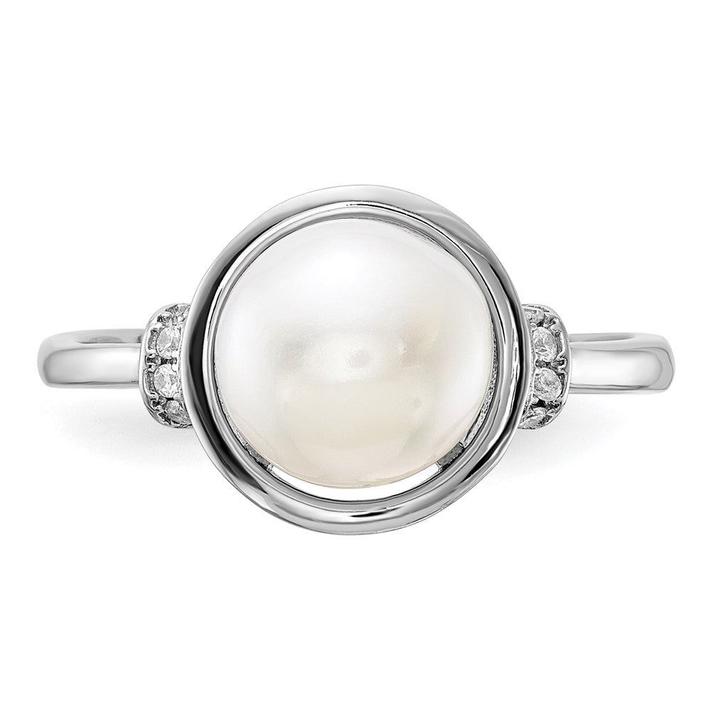 Sterling Silver Rhodium-plated 8-9mm White FWC Pearl and CZ Circle Ring