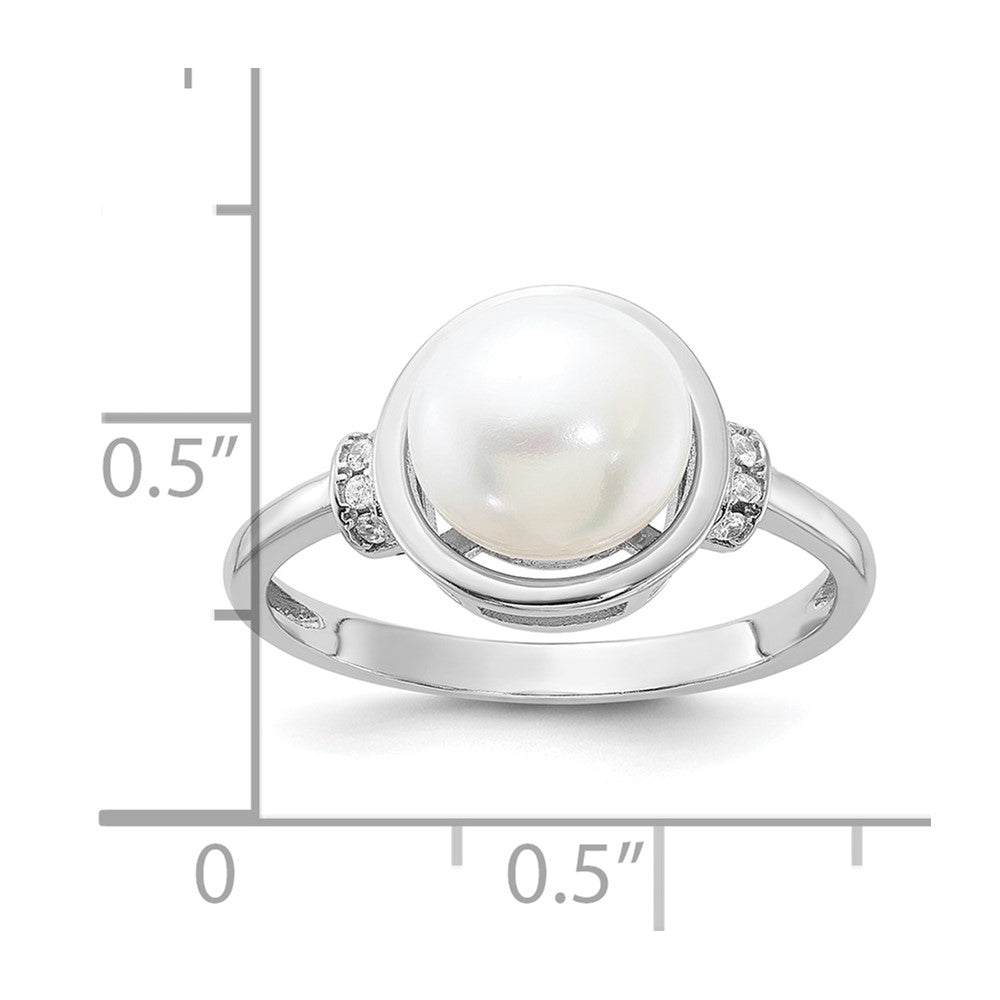 Sterling Silver Rhodium-plated 8-9mm White FWC Pearl and CZ Circle Ring
