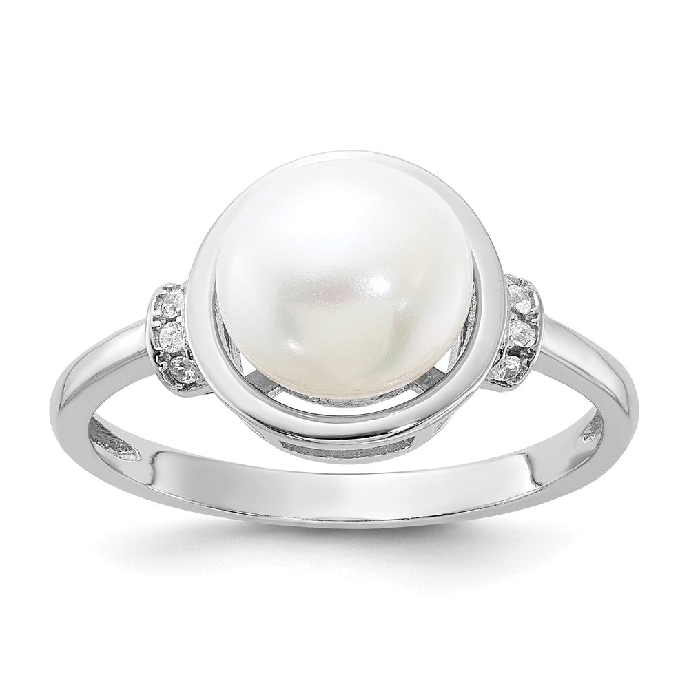 Sterling Silver Rhodium-plated 8-9mm White FWC Pearl and CZ Circle Ring