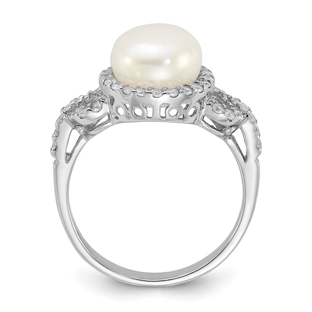 Sterling Silver Rhodium-plated 9-10mm White FWC Pearl and CZ Ring