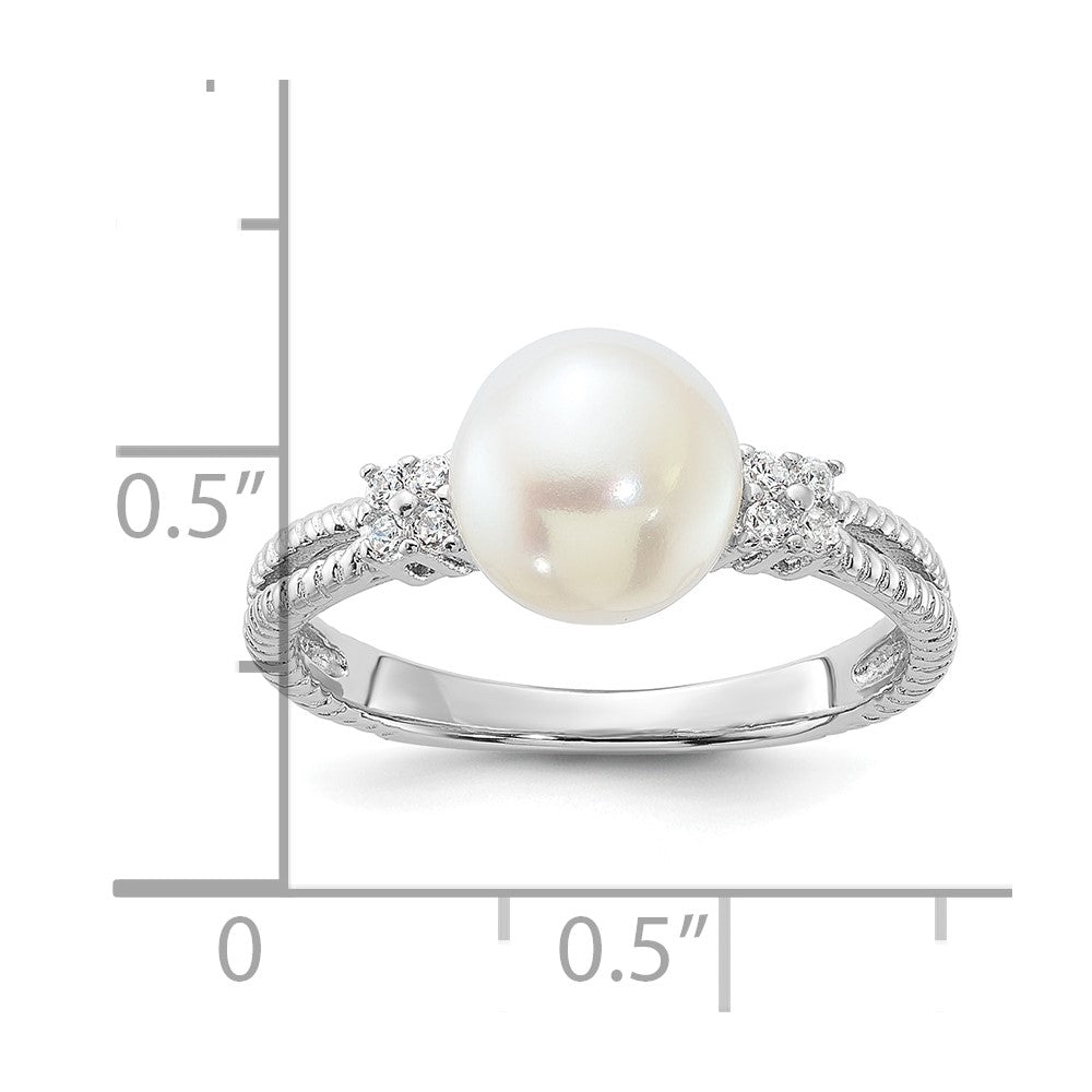 Sterling Silver Rhodium-plated 8-9mm White FWC Pearl and CZ Ring
