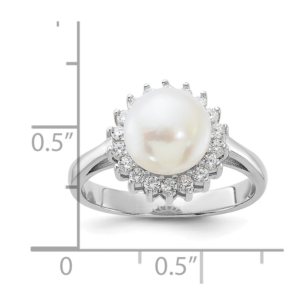 Sterling Silver Rhodium-plated 8-9mm White FWC Pearl and CZ Ring