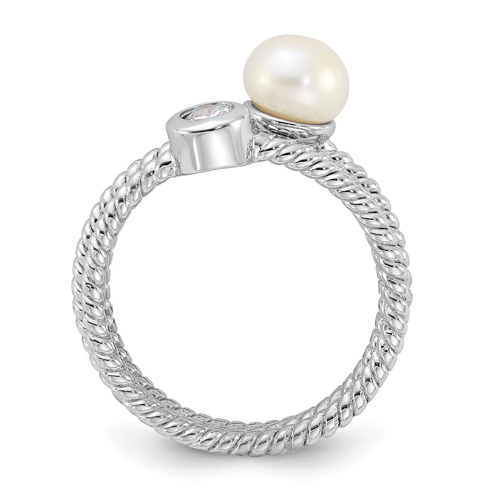 Sterling Silver Rhodium-plated 6-7mm White FWC Pearl and CZ 3 Ring Set