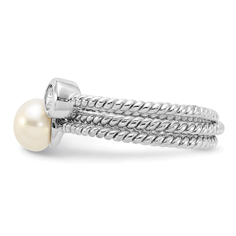 Sterling Silver Rhodium-plated 6-7mm White FWC Pearl and CZ 3 Ring Set