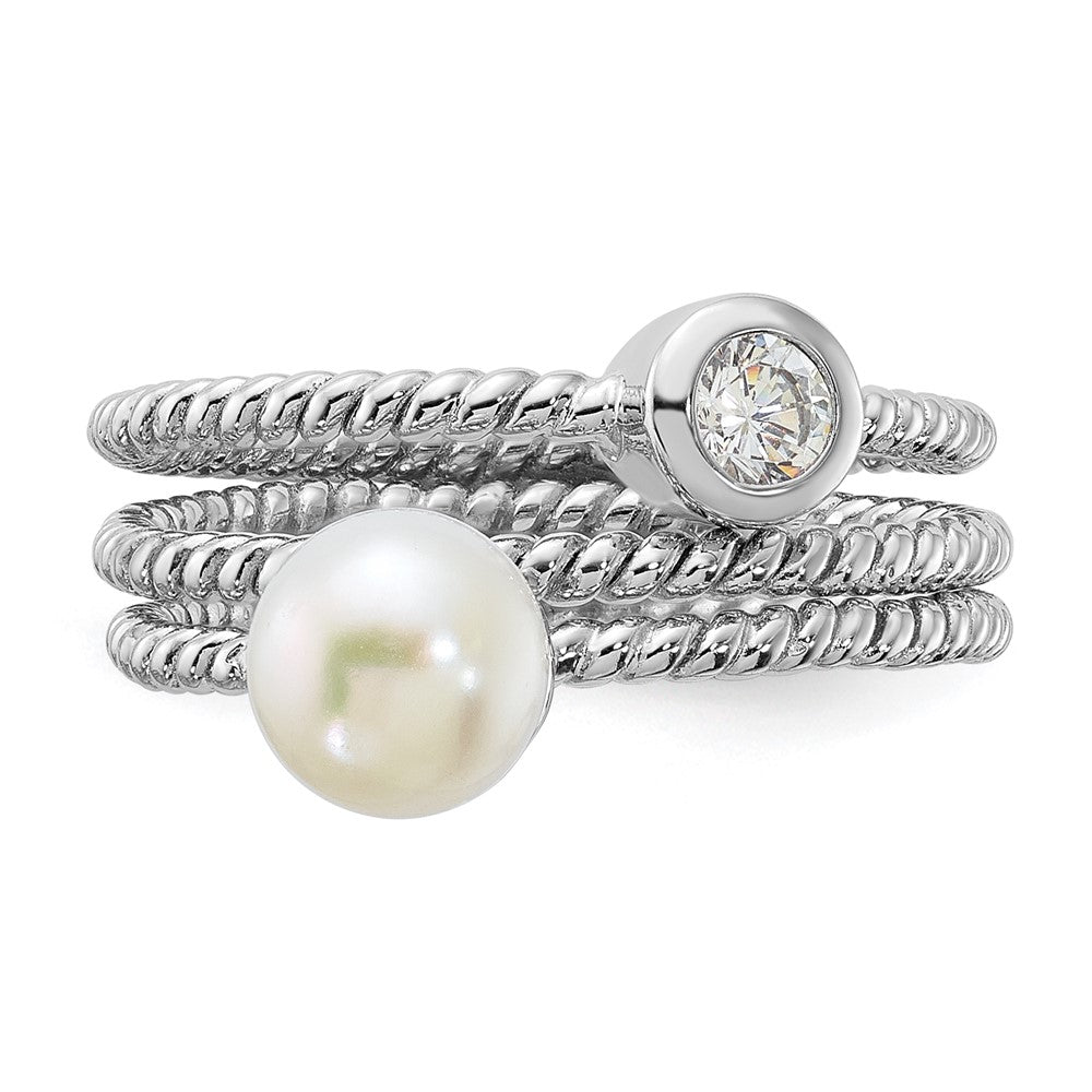 Sterling Silver Rhodium-plated 6-7mm White FWC Pearl and CZ 3 Ring Set