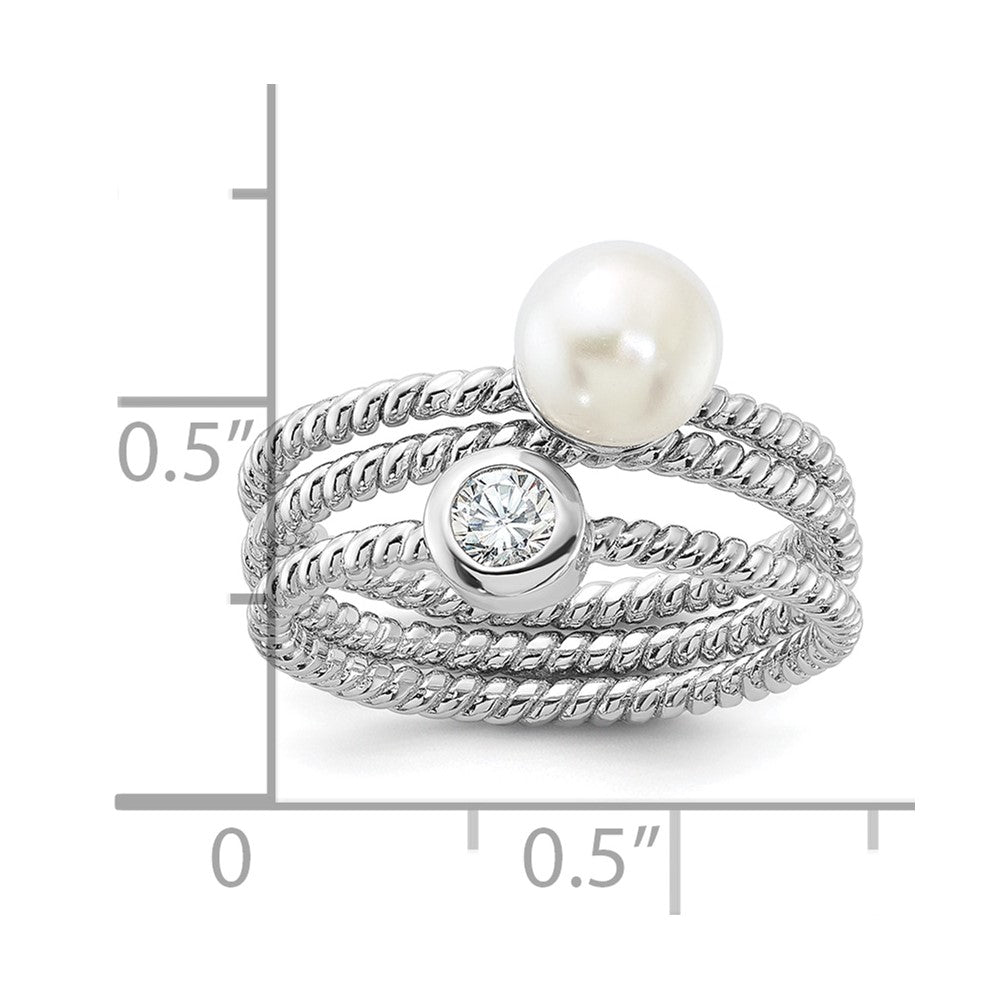 Sterling Silver Rhodium-plated 6-7mm White FWC Pearl and CZ 3 Ring Set