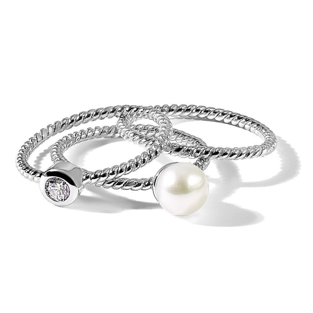 Sterling Silver Rhodium-plated 6-7mm White FWC Pearl and CZ 3 Ring Set