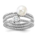 Sterling Silver Rhodium-plated 6-7mm White FWC Pearl and CZ 3 Ring Set
