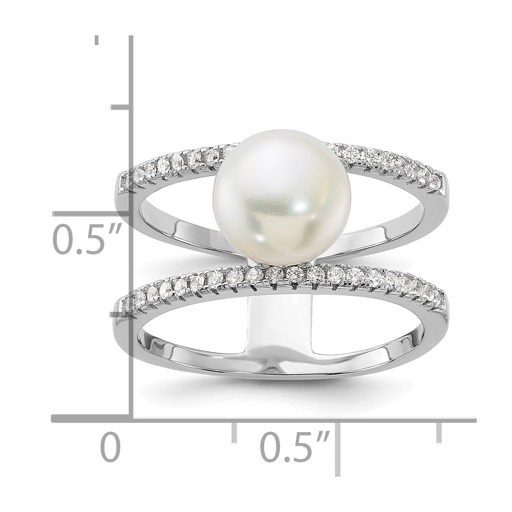 Sterling Silver Rhodium-plated 8-9mm White FWC Pearl and CZ Ring