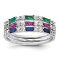 Sterling Silver Rhodium-plated Green, Red and Blue CZ 3 Ring Set