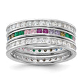 Sterling Silver Rhodium-plated Multi Color CZ 3 Band Set