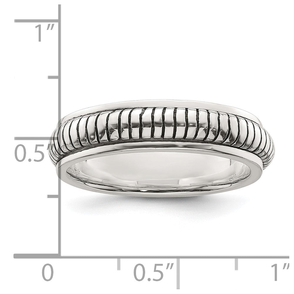 Sterling Silver Polished Oxidized Half Round Patterned Men's Ring