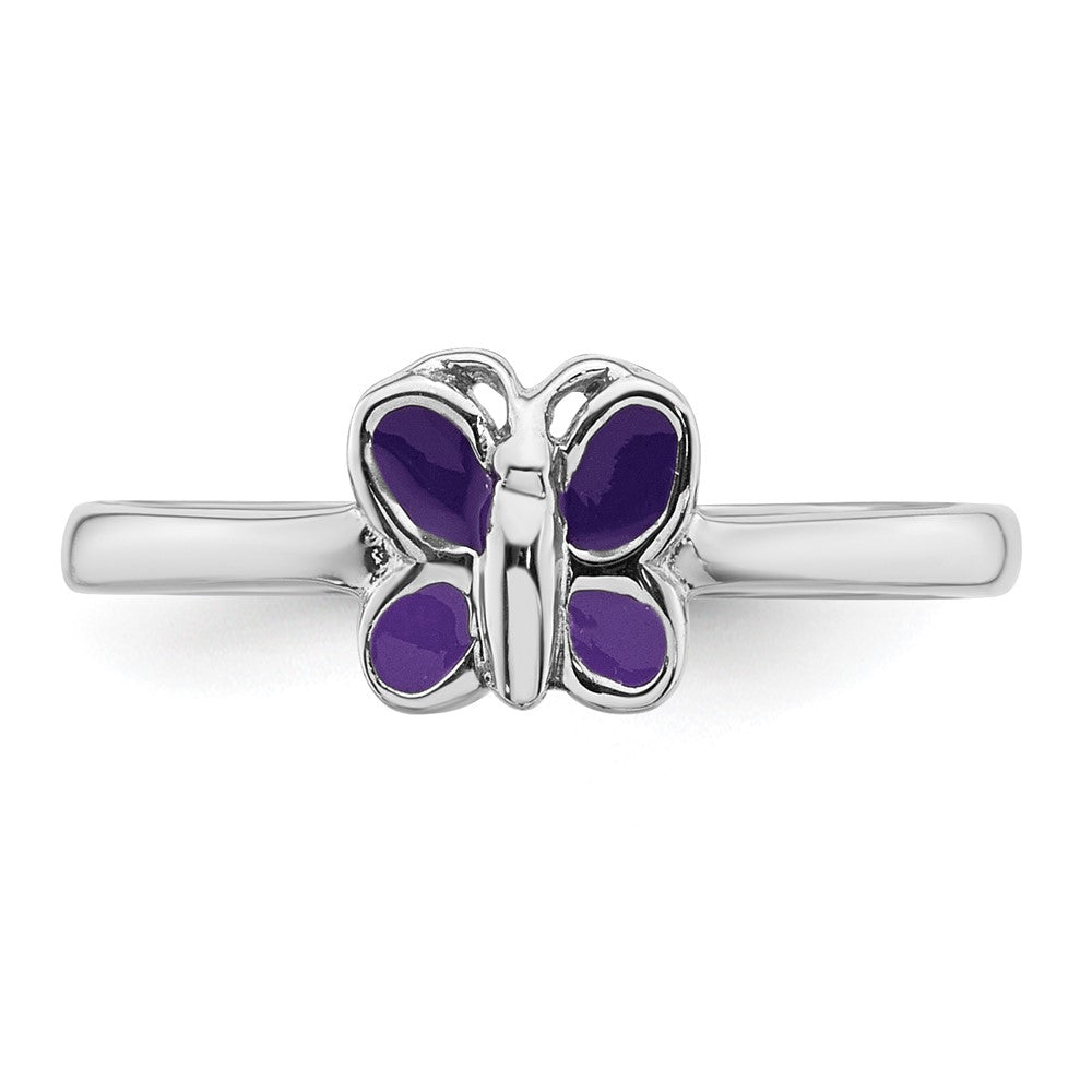 Sterling Silver RH-pltd Purple Enamel Petite Butterfly Ring