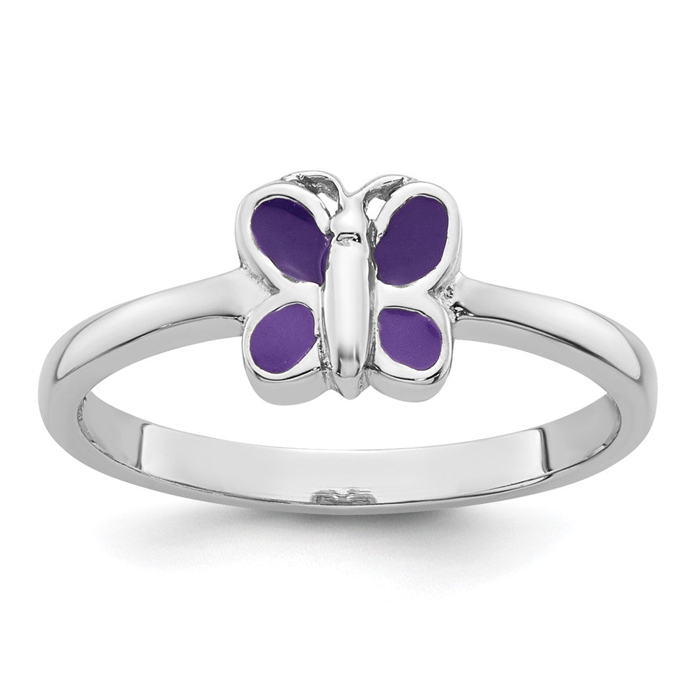 Sterling Silver RH-pltd Purple Enamel Petite Butterfly Ring