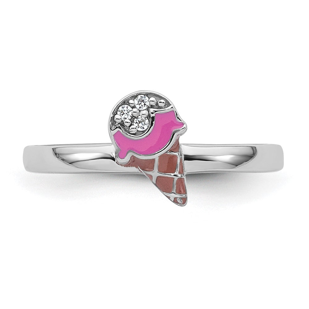 Sterling Silver RH-plated Enameled and CZ Ice Cream Cone Ring
