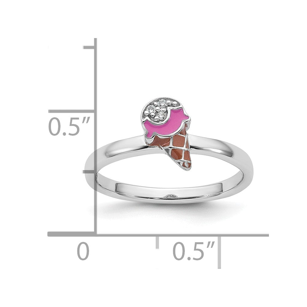 Sterling Silver RH-plated Enameled and CZ Ice Cream Cone Ring
