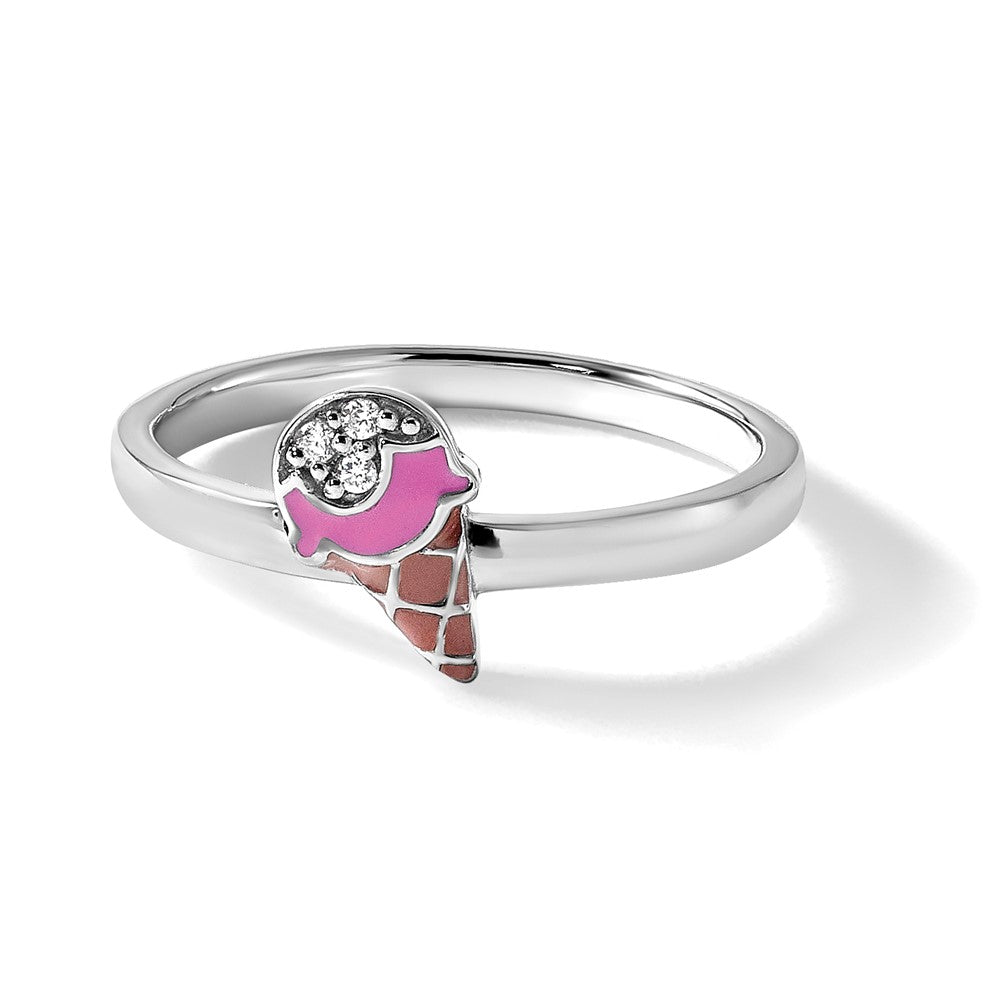 Sterling Silver RH-plated Enameled and CZ Ice Cream Cone Ring