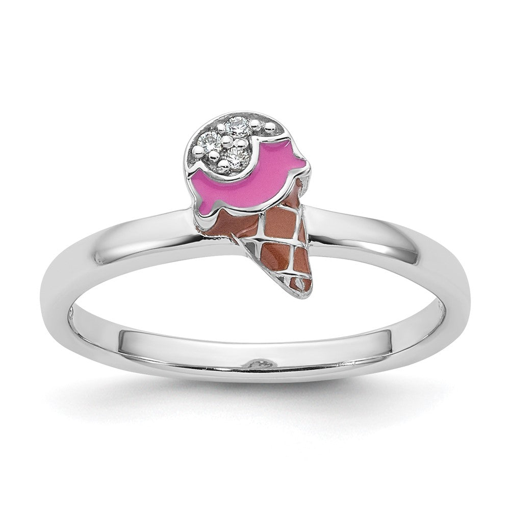Sterling Silver RH-plated Enameled and CZ Ice Cream Cone Ring